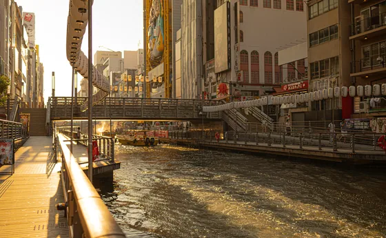 The canal boardwalk, low sun running along the handrail